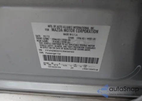 2012 Mazda Mazda6 I Touring из США, поврежденный, VIN 1YVHZ8DH1C5M34193